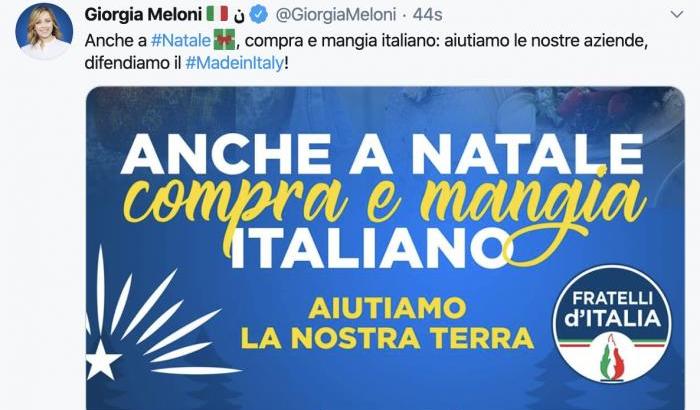 Meloni l'autarchica: "Mangiamo italiano". Poi se all'estero boicottano pasta e parmigiano non ci lamentiamo