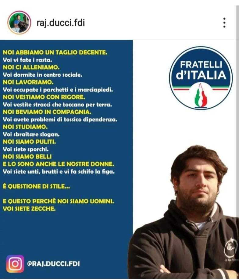 Il disgustoso post di un militante di Fratelli d'Italia: "Noi siamo veri uomini, a voi non piace la fi*a"