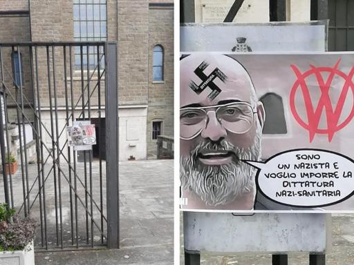 Cartello no-vax con la svastica anti-Bonaccini al sacrario di Marzabotto Cartello no-vax con la svastica anti-Bonaccini al sacrario di Marzabotto