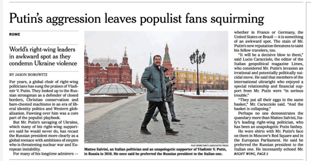 salvini-new-york-times Il New York Times sbatte Salvini e i legami con Putin in prima pagina, il leghista: "Tutte sciocchezze"