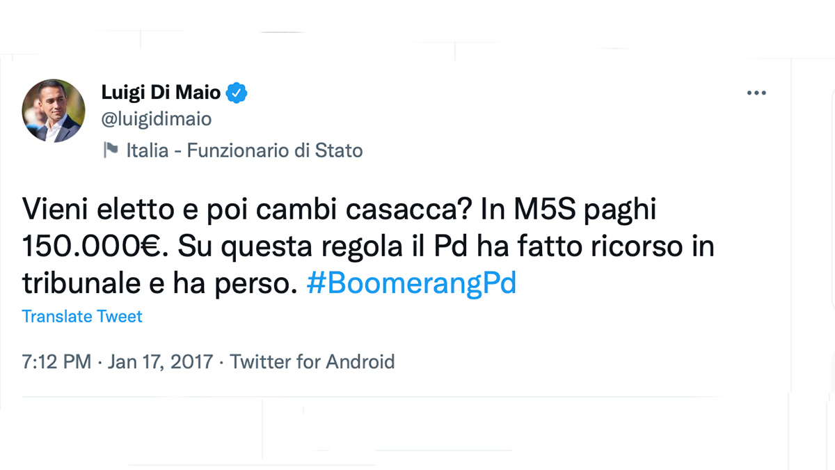 Di Maio e il tweet contro i cambi di casacca: "Vieni eletto e cambi partito? Nel M5s devi pagare 150mila euro"