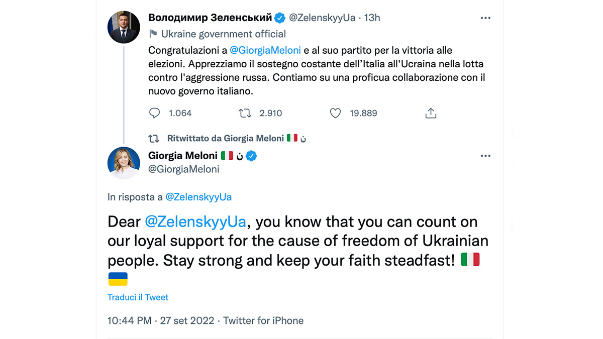 zelensky-meloni-tweet Zelensky si congratula con Meloni e lei risponde: "Potete contare su di noi"