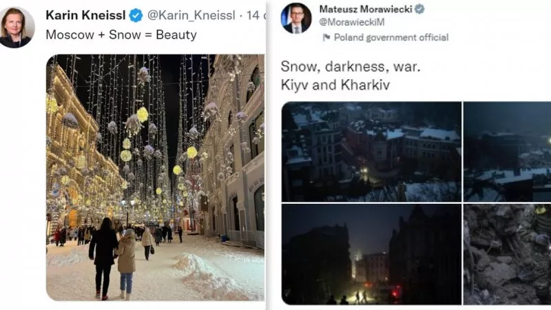 La guerra a colpi di foto 'natalizie': la putiniana austriaca mostra Mosca illuminata. Il premier polacco Kiev al buio