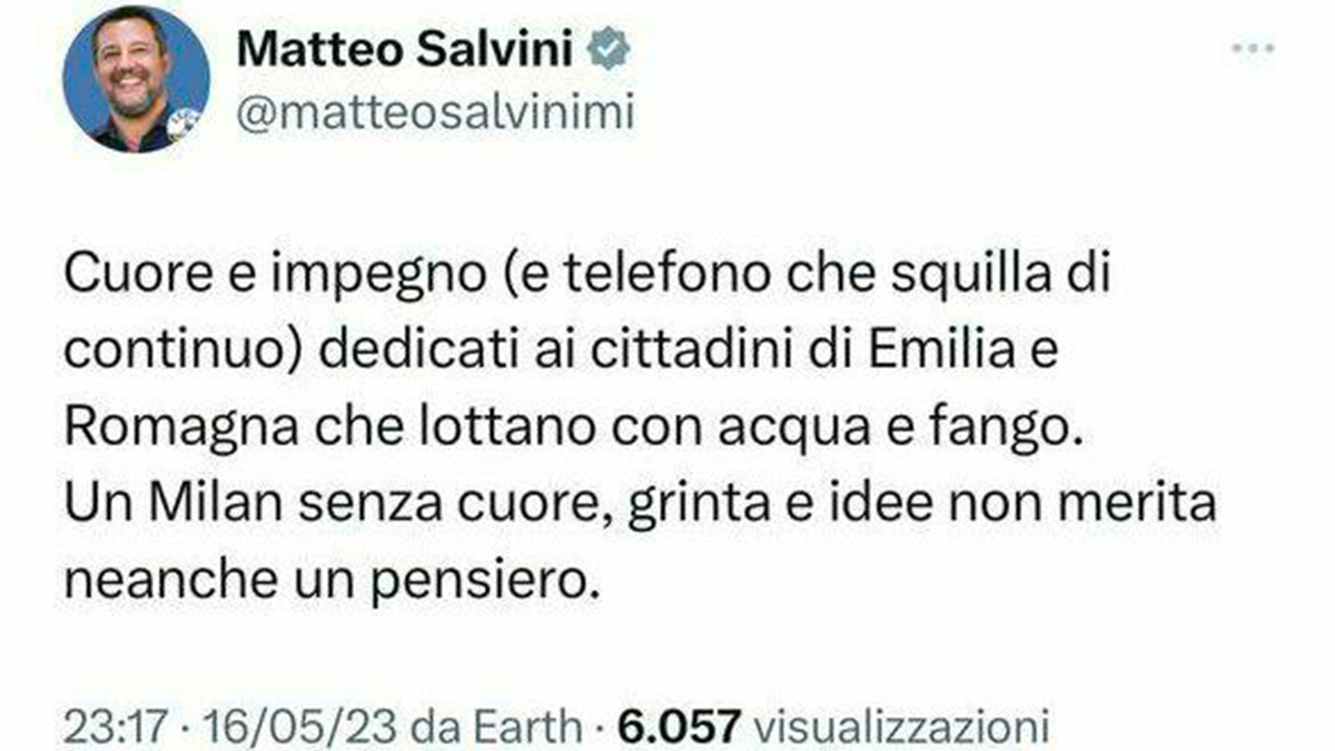 salvini-tweet-emilia-milan Salvini e il tweet cancellato: "Vicino all'Emilia Romagna, nessun pensiero per il Milan..."