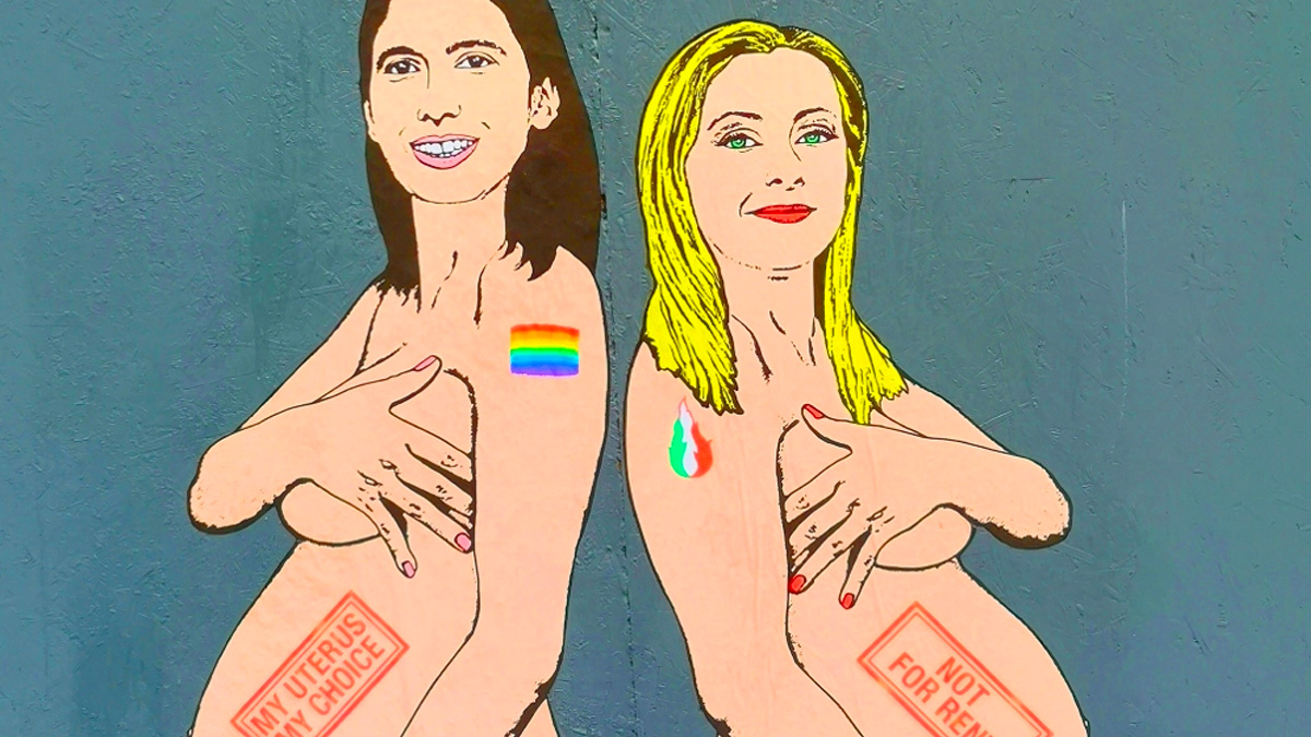 schlein-meloni-alexsandro-palombo Giorgia Meloni ed Elly Schlein, nude e incinte: a Milano la nuova opera di Palombo