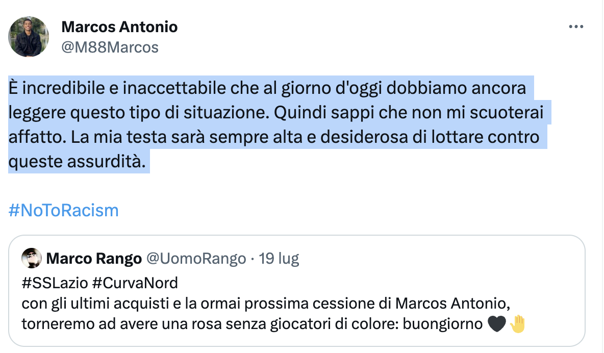 Screenshot 2023-07-21 alle 23.26.35 Un tifoso razzista insulta Marcos Antonio, il giocatore replica e i tifosi della Lazio si schierano con il calciatore