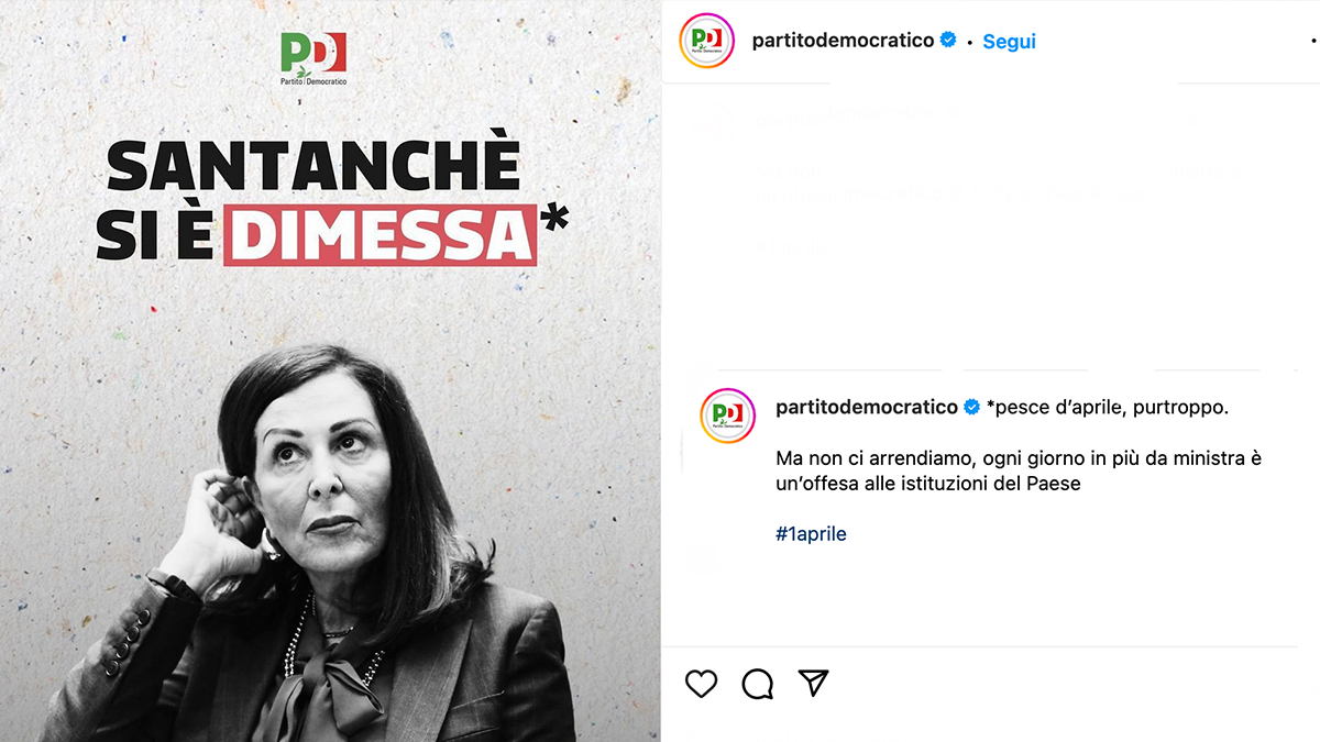 Il Pd annuncia le dimissioni di Daniela Santanché: ma è solo un Pesce d'aprile...